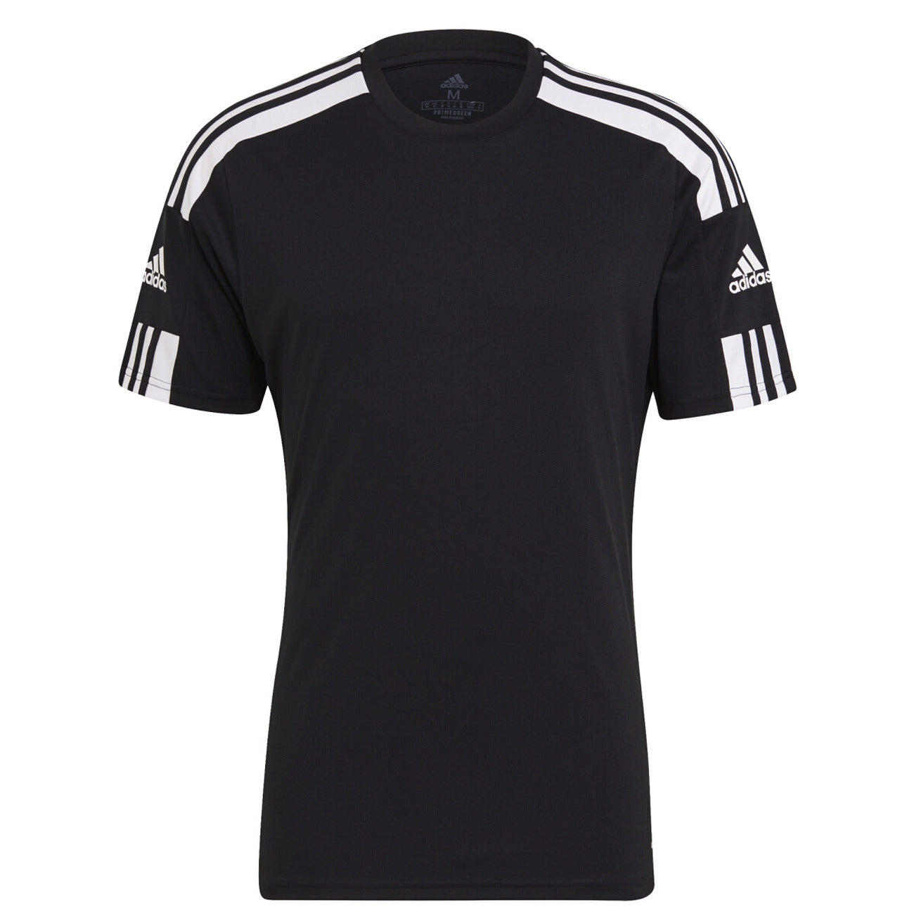 Black Adidas short sleeve t-shirt with white stripes on shoulders and logo on sleeves