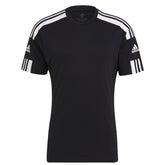 Black Adidas short sleeve t-shirt with white stripes on shoulders and logo on sleeves