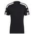 Black Adidas short sleeve t-shirt with white stripes on shoulders and logo on sleeves