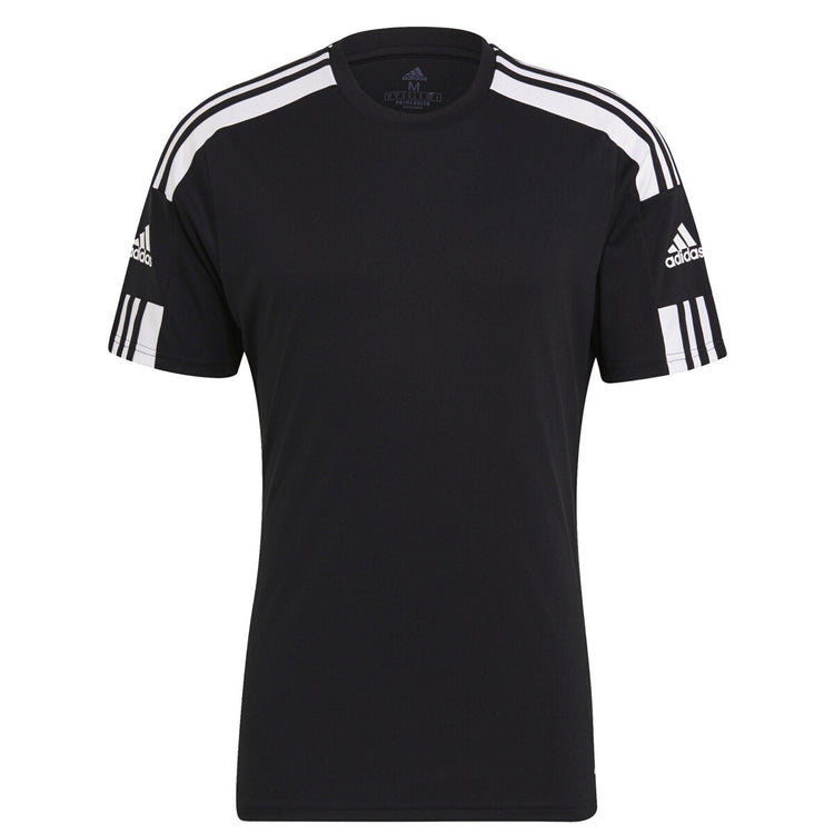 Black Adidas short sleeve t-shirt with white stripes on shoulders and logo on sleeves
