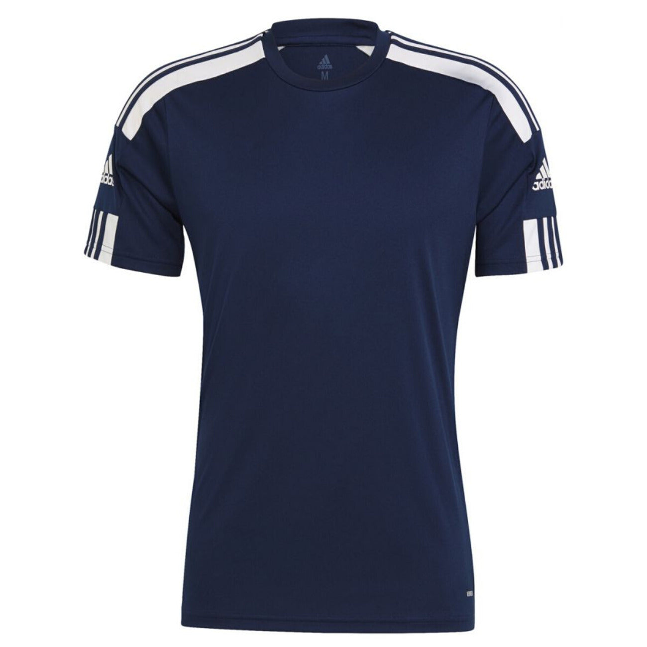 Adidas short sleeve t-shirt in navy blue with white stripes on shoulders and sleeves