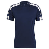 Adidas short sleeve t-shirt in navy blue with white stripes on shoulders and sleeves