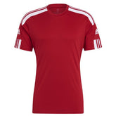 Red Adidas short sleeve t-shirt with white stripes on shoulders and Adidas logos on sleeves