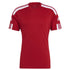 Red Adidas short sleeve t-shirt with white stripes on shoulders and Adidas logos on sleeves