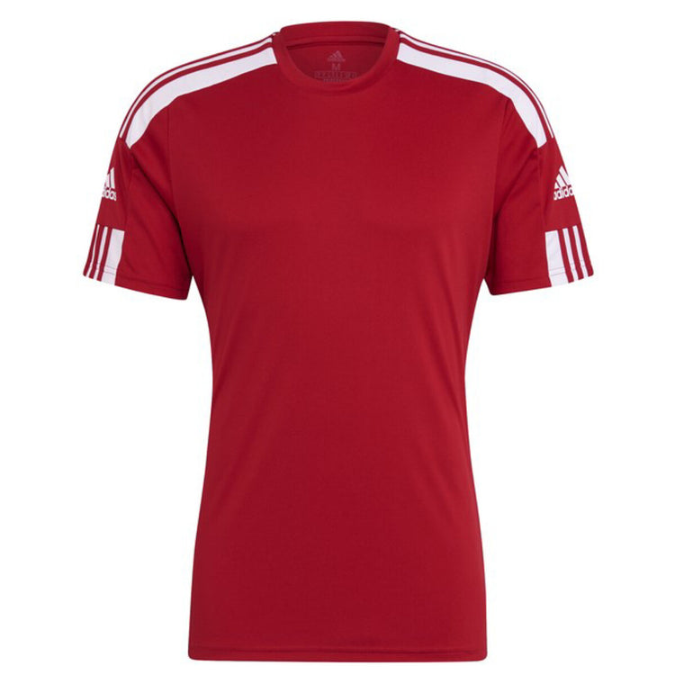 Red Adidas short sleeve t-shirt with white stripes on shoulders and Adidas logos on sleeves