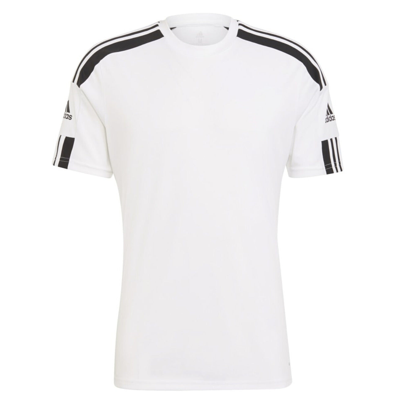 White Adidas short sleeve t-shirt with black stripes on shoulders and sleeves