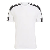 White Adidas short sleeve t-shirt with black stripes on shoulders and sleeves