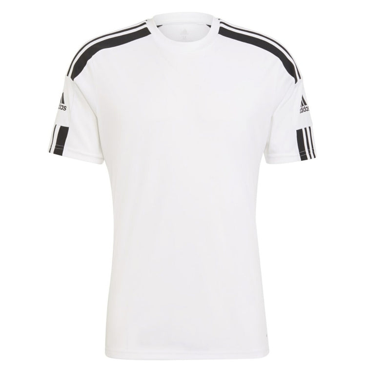 White Adidas short sleeve t-shirt with black stripes on shoulders and sleeves