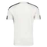 Back view of white Adidas short sleeve t-shirt with black shoulder stripes