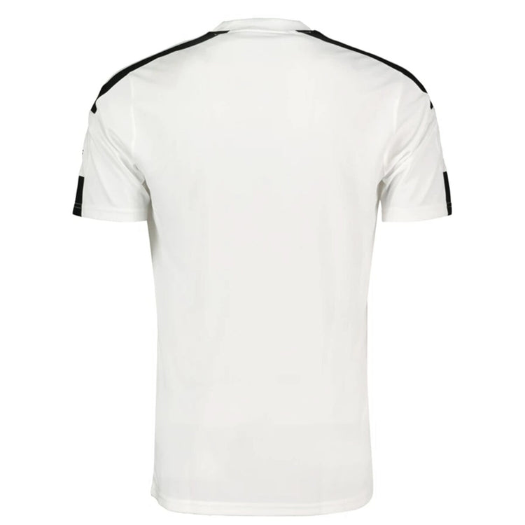 Back view of white Adidas short sleeve t-shirt with black shoulder stripes