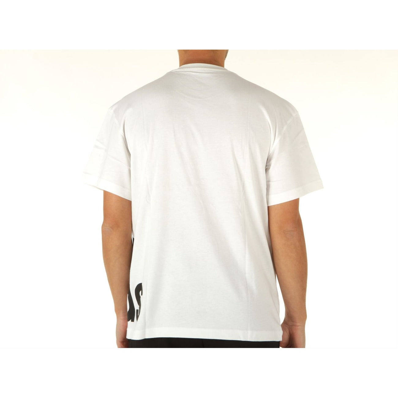 Back view of a man wearing a white Adidas t-shirt for men with short sleeves and a crew neck