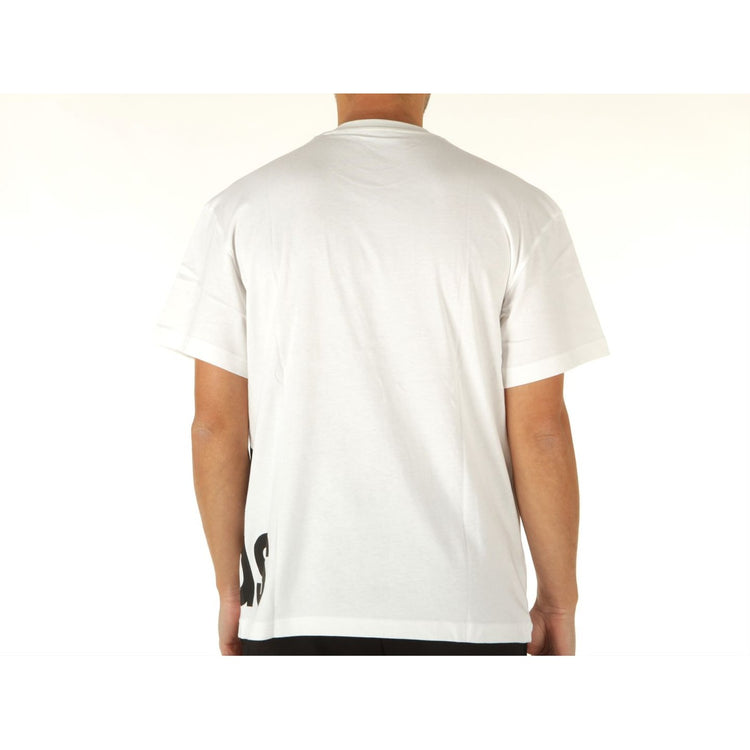 Back view of a man wearing a white Adidas t-shirt for men with short sleeves and a crew neck